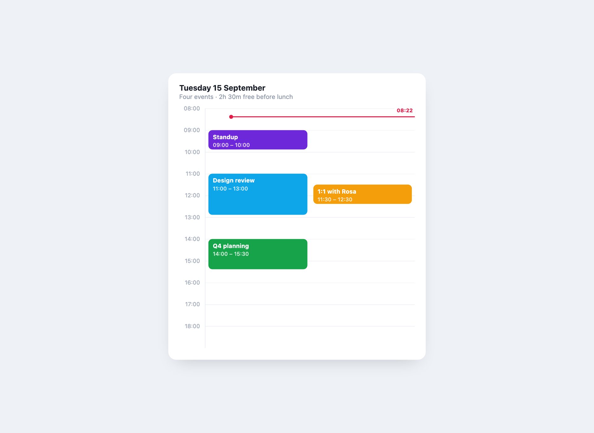 Day View with a Now Line — free HTML calendar template by uiCookies