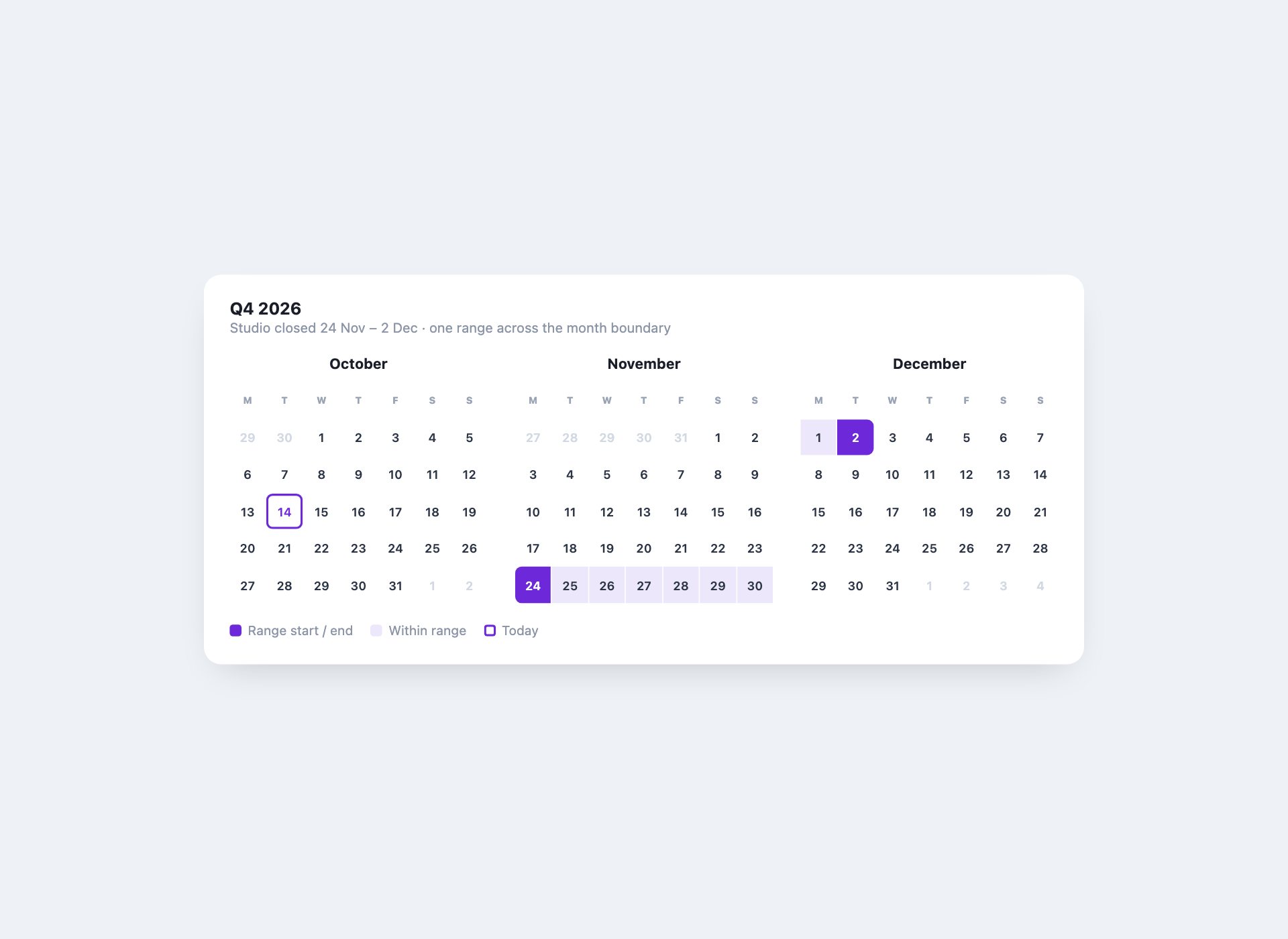 Three-Month Quarter View — free HTML calendar template by uiCookies