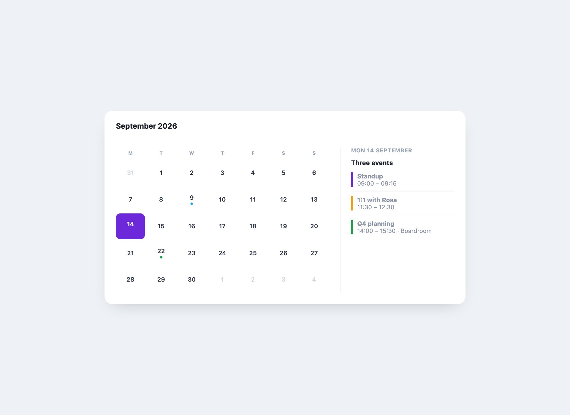 Month Grid with a Detail Panel — free HTML calendar template by uiCookies