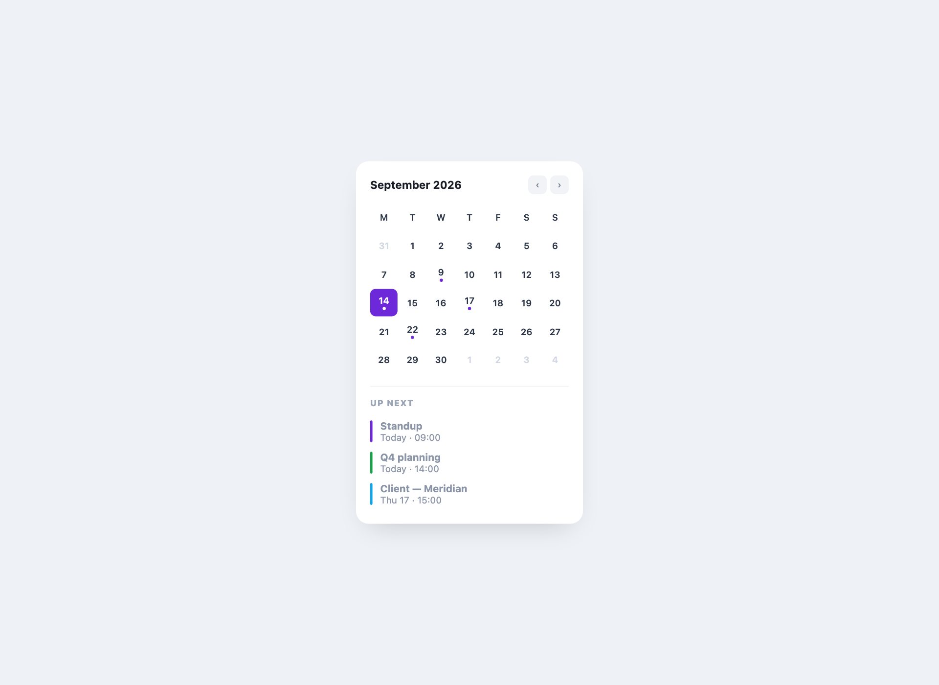 Dashboard Calendar Card — free HTML calendar template by uiCookies