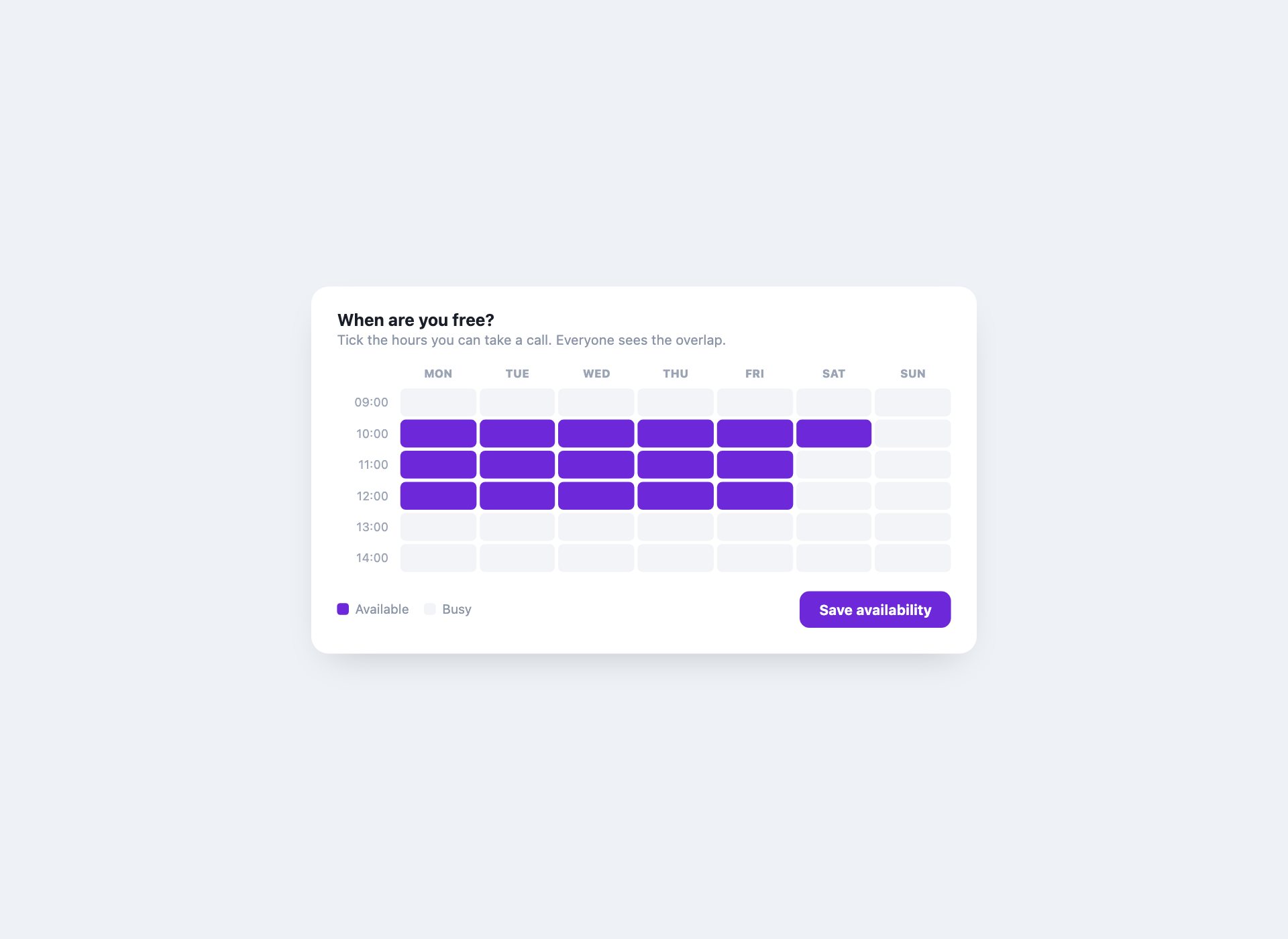 Weekly Availability Picker — free HTML calendar template by uiCookies