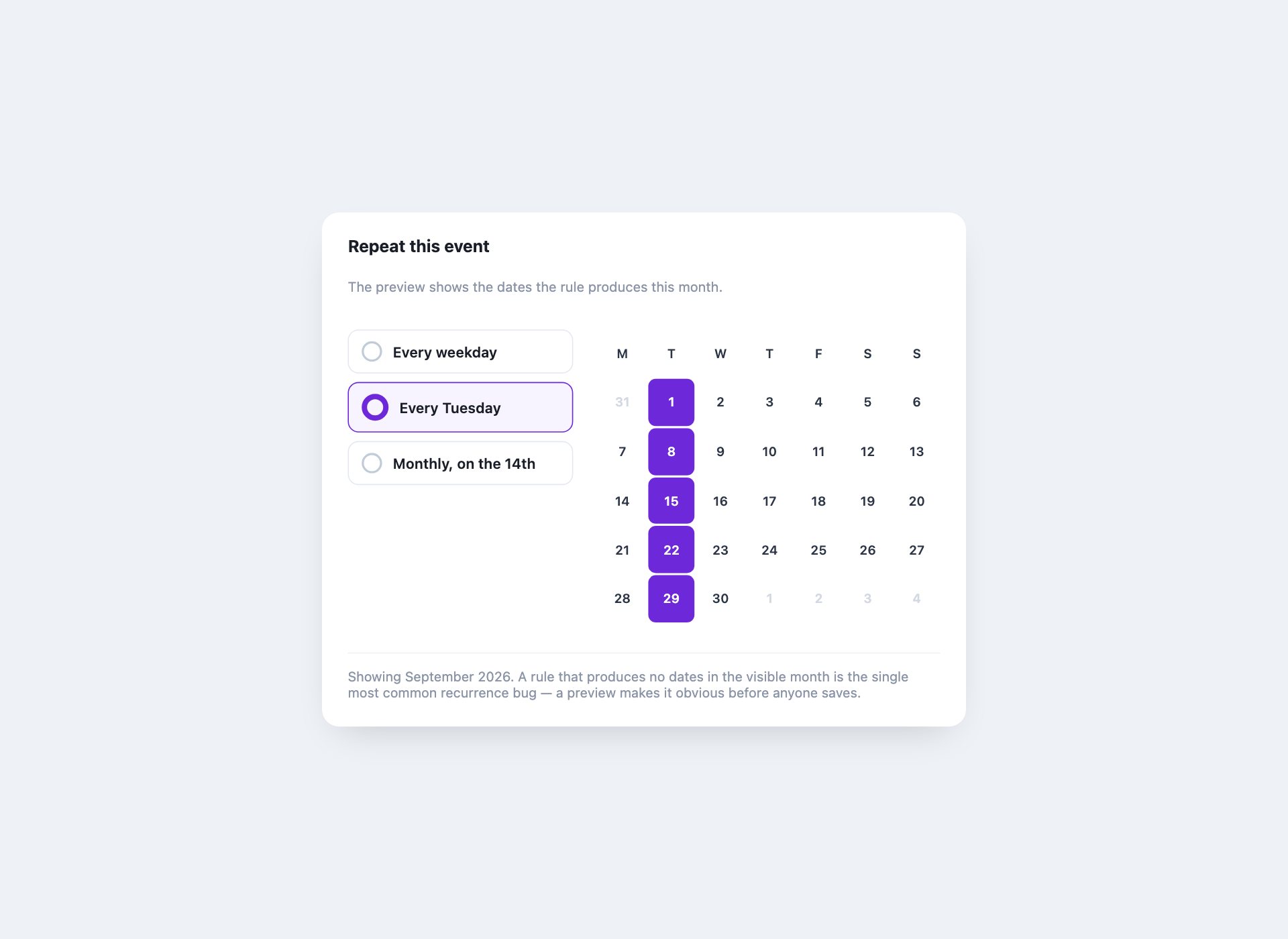 Recurrence Preview — free HTML calendar template by uiCookies