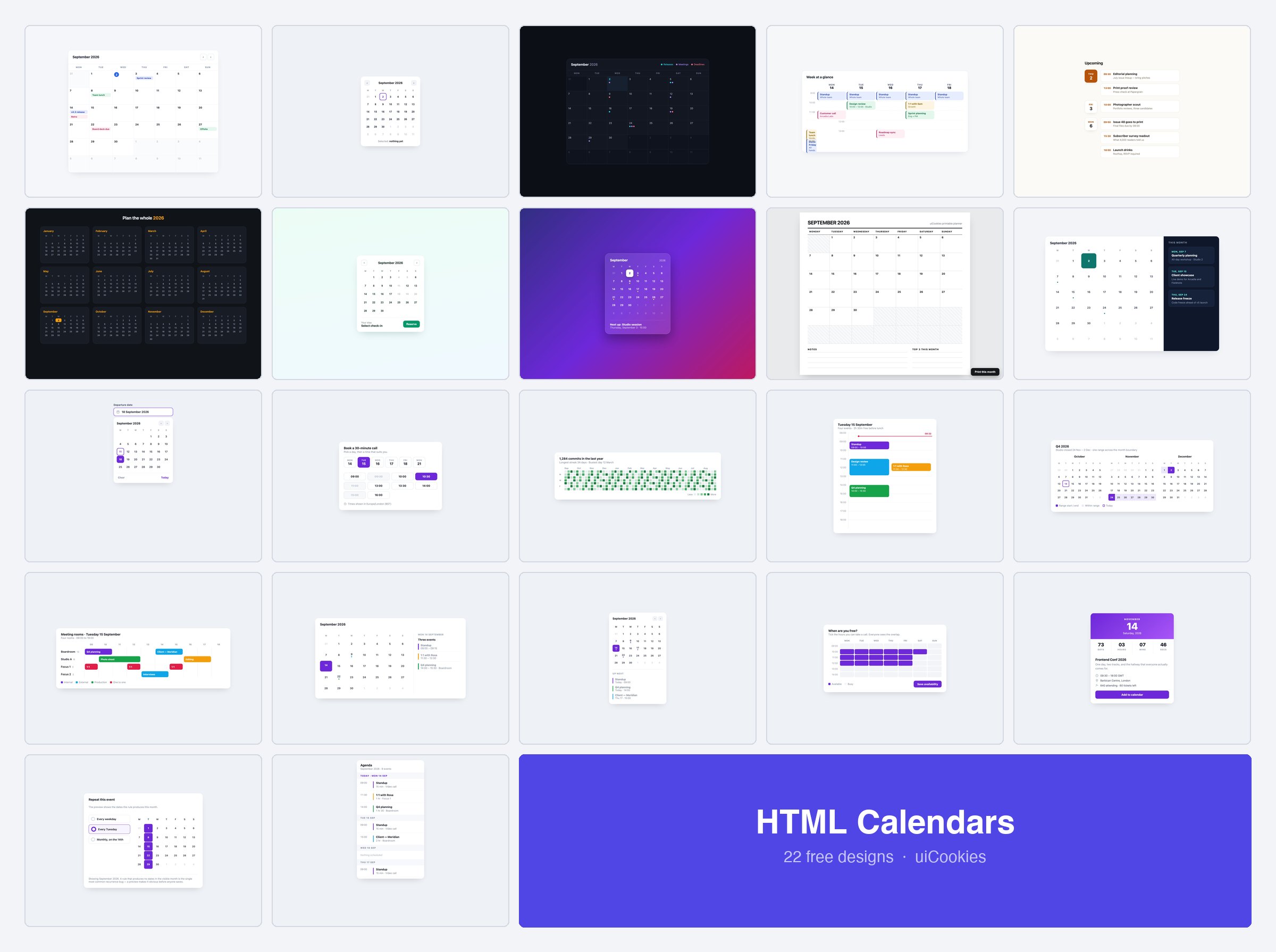 22 free HTML calendar templates by uiCookies