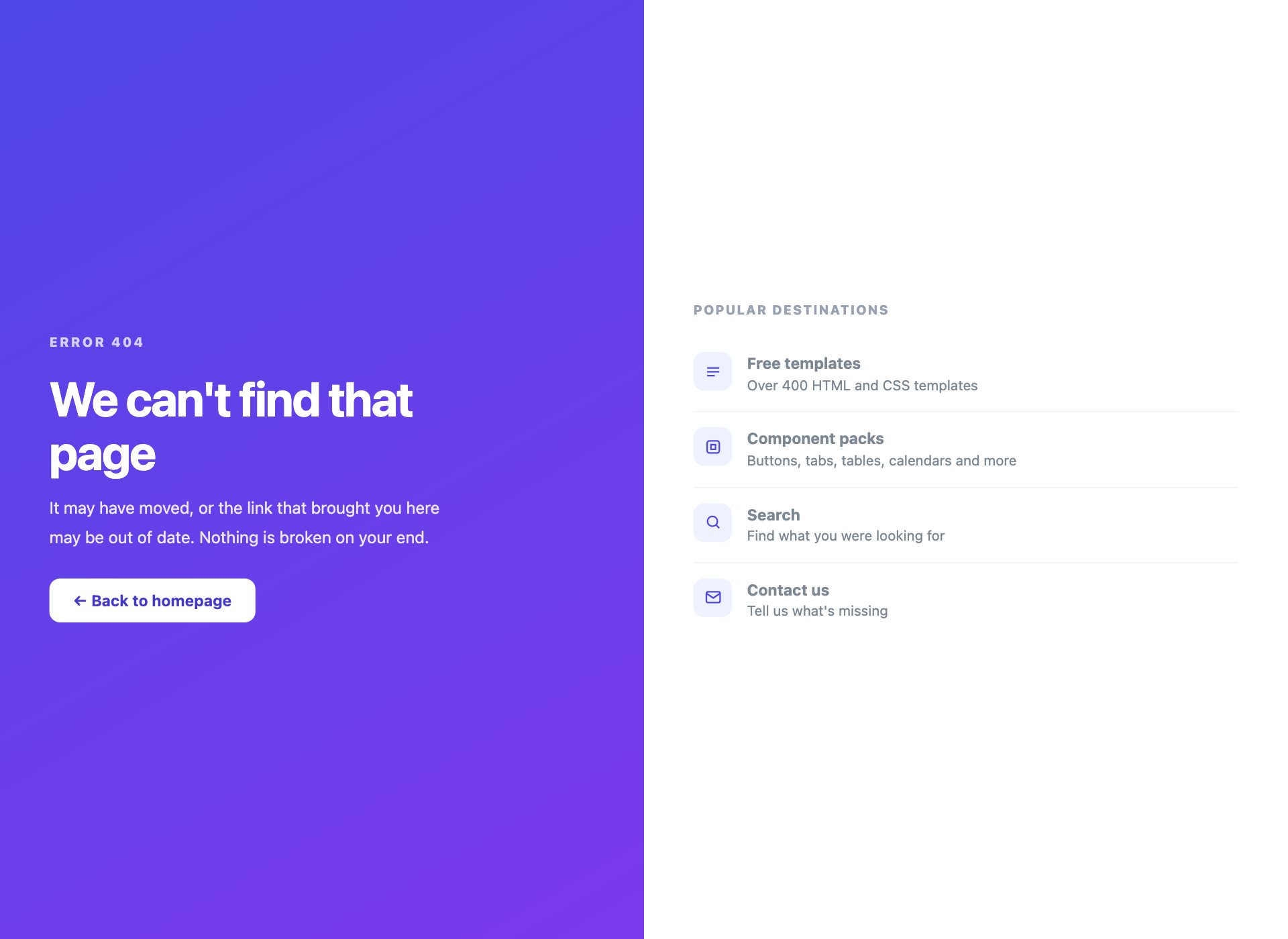 Split-Screen 404 — free error page template by uiCookies