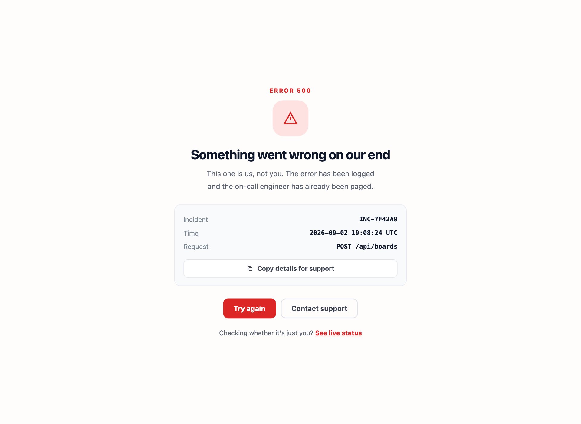 500 with an Incident ID — free error page template by uiCookies