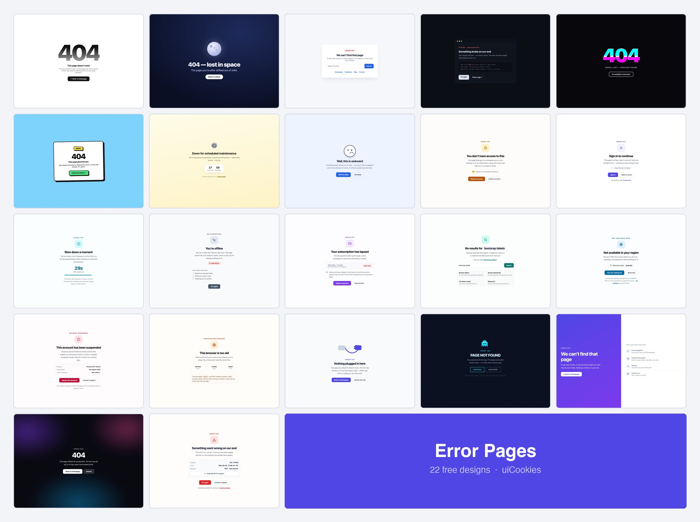 22 free error page templates by uiCookies