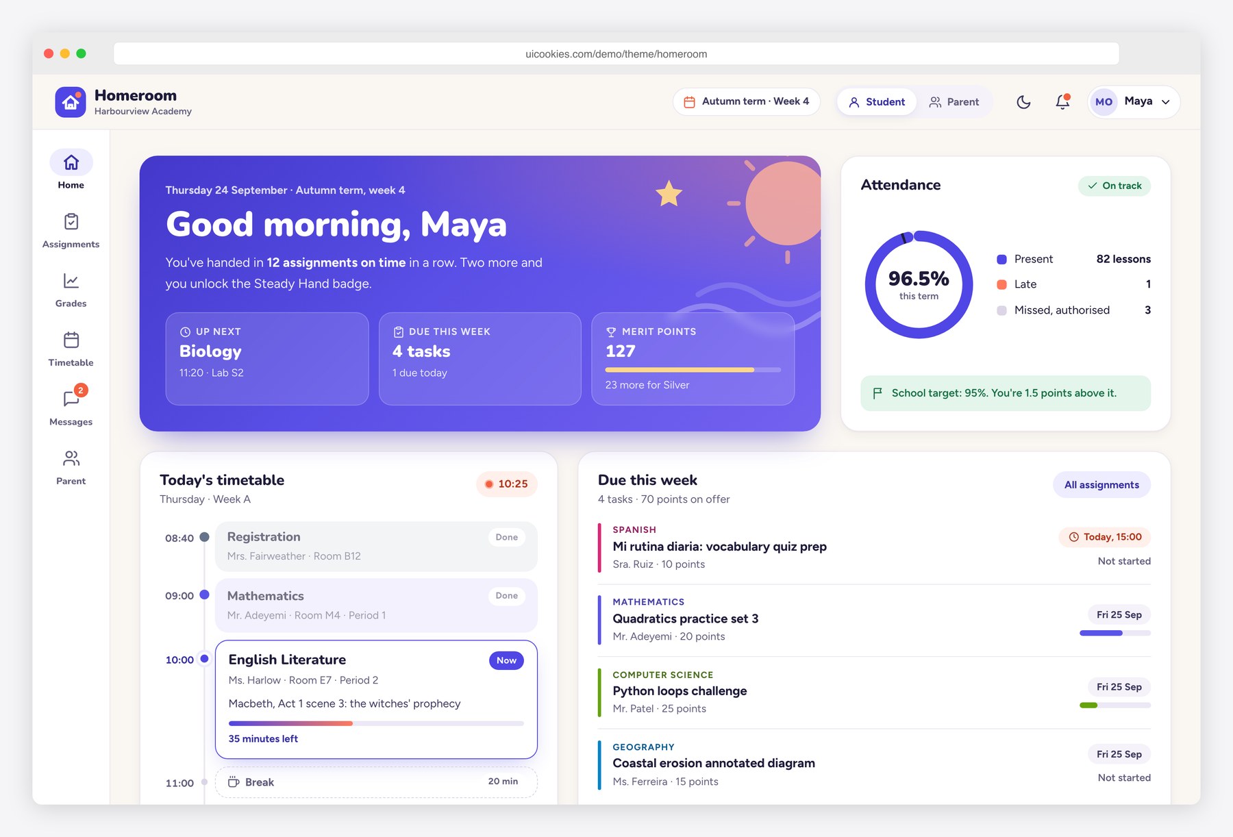 Homeroom — Free Student Portal Dashboard Template preview
