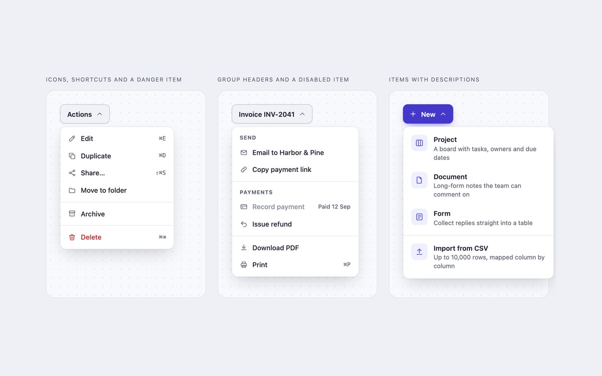Action Dropdown Menus — free dropdown menu snippet in CSS, Bootstrap and Tailwind by uiCookies