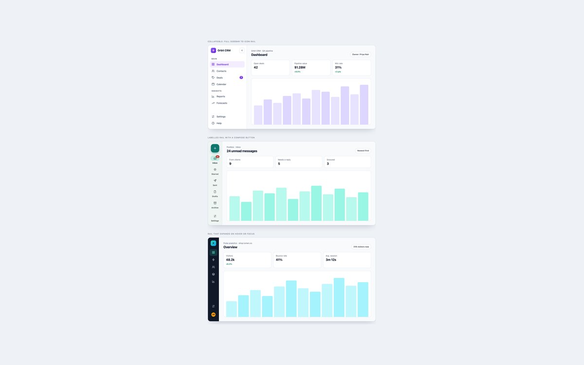 Collapsible Icon Rail Sidebars — free sidebar snippet in CSS, Bootstrap and Tailwind by uiCookies
