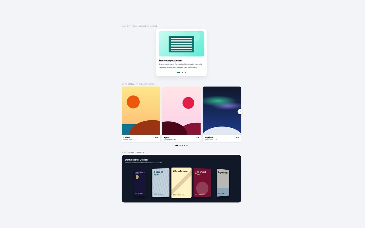 No-JavaScript Carousels — free carousel snippet in CSS, Bootstrap and Tailwind by uiCookies