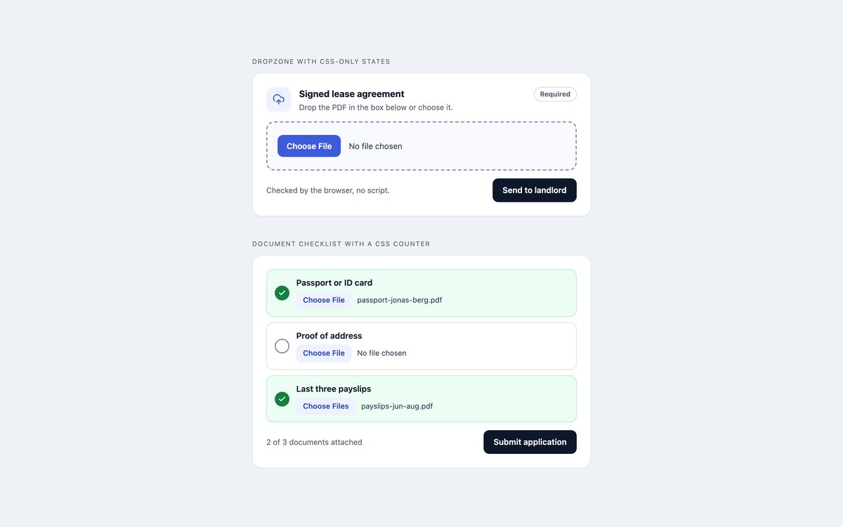 CSS-only File Upload States — free file upload snippet in CSS, Bootstrap and Tailwind by uiCookies
