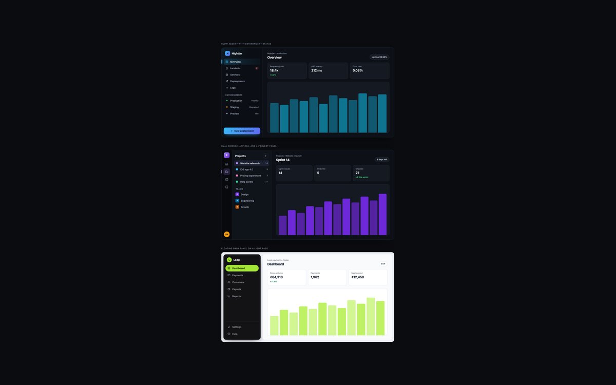 Dark Sidebars — free sidebar snippet in CSS, Bootstrap and Tailwind by uiCookies