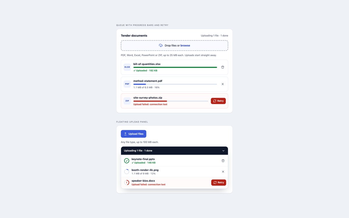 Upload Queue with Progress — free file upload snippet in CSS, Bootstrap and Tailwind by uiCookies