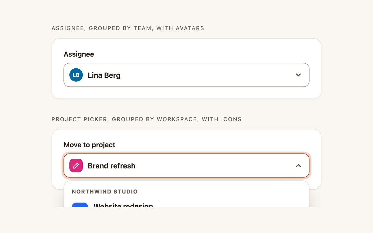 Grouped Selects with Avatars — free select snippet in CSS, Bootstrap and Tailwind by uiCookies
