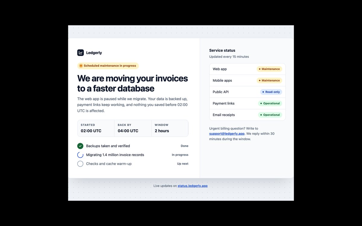 Maintenance Page with Status — free coming soon page snippet in CSS, Bootstrap and Tailwind by uiCookies