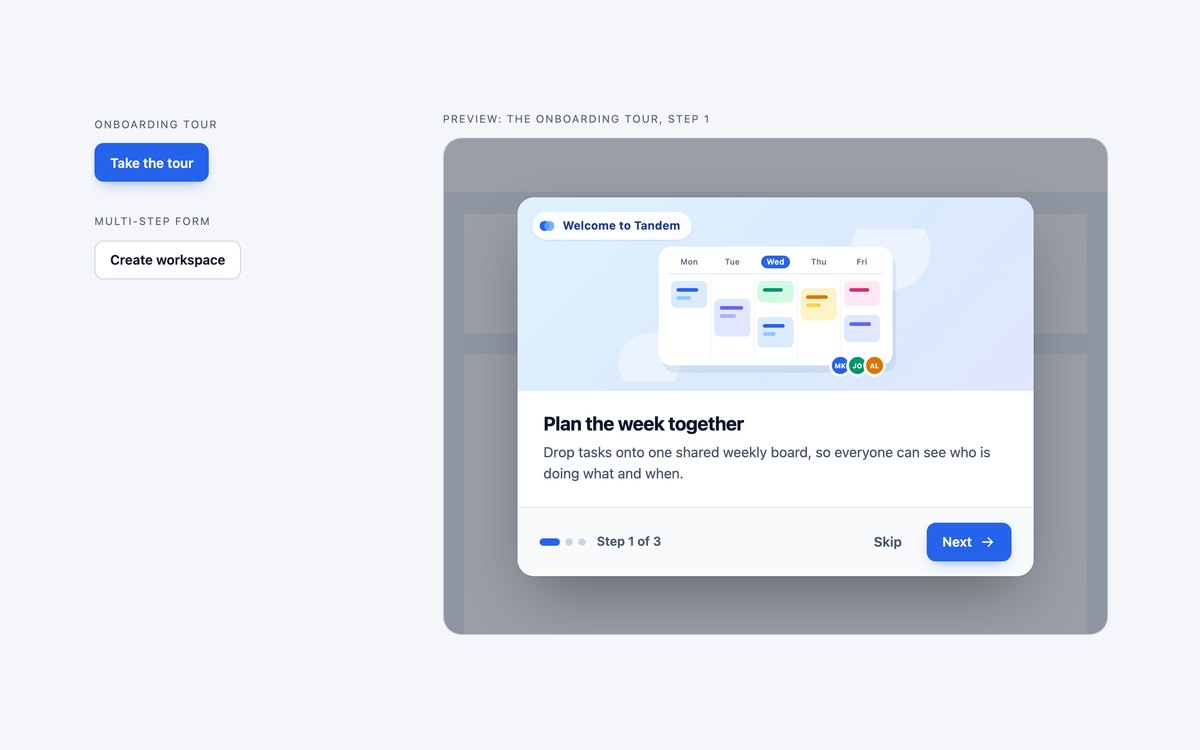 Multi-Step & Onboarding Modals — free modal snippet in CSS, Bootstrap and Tailwind by uiCookies