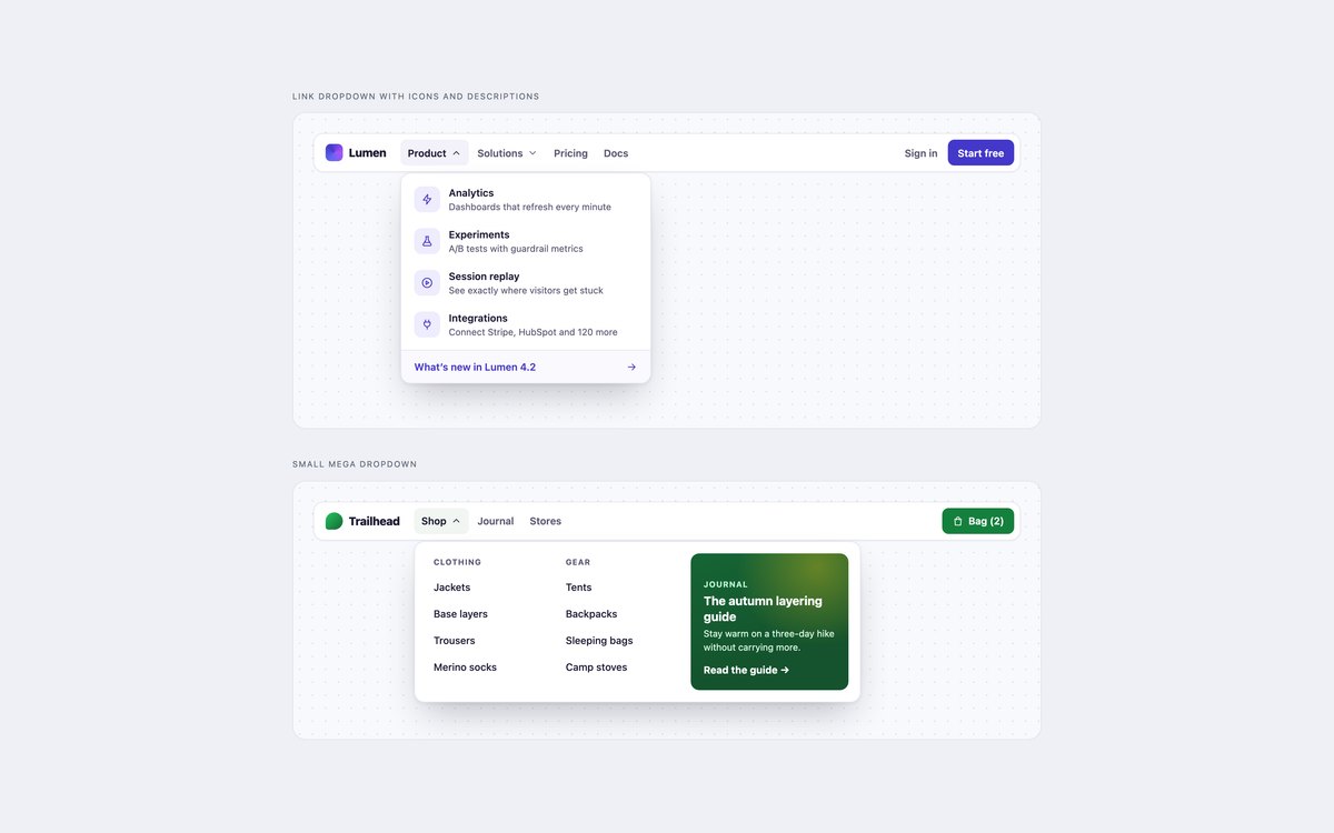 Navbar Dropdown Menus — free dropdown menu snippet in CSS, Bootstrap and Tailwind by uiCookies