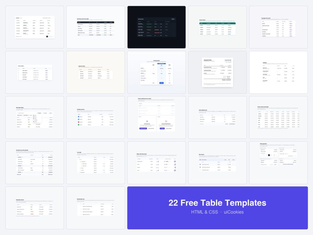 22 free HTML table and datatable templates by uiCookies
