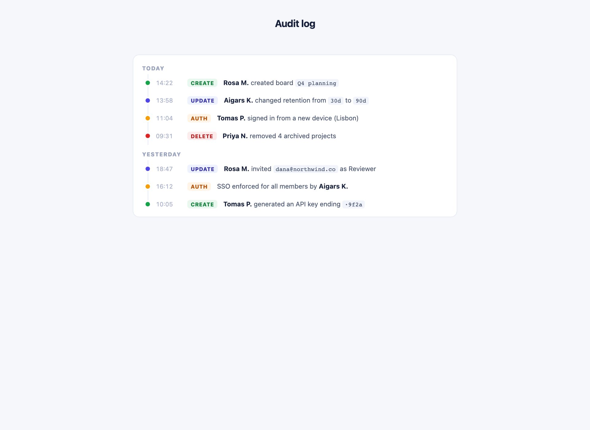 Dense Audit Log Timeline — free CSS timeline template by uiCookies