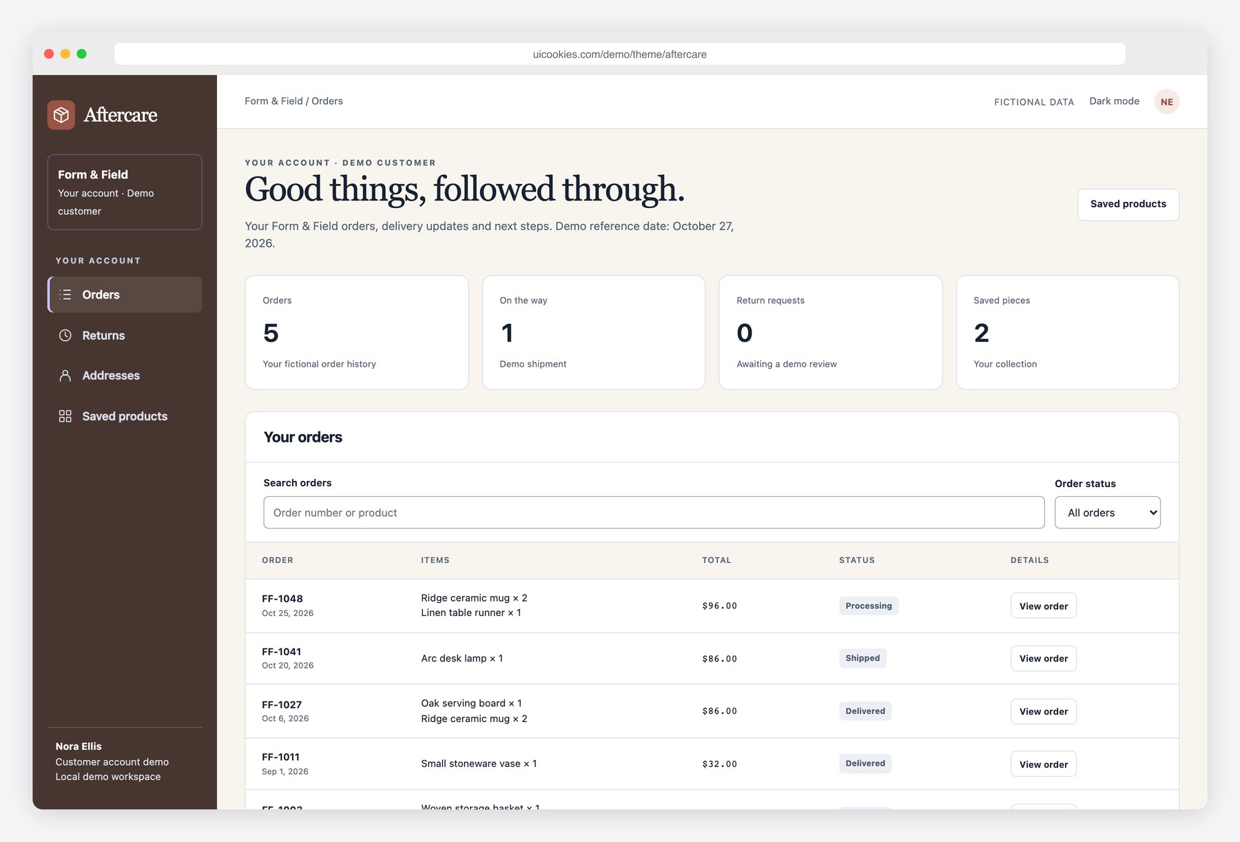 Aftercare — Free E-commerce Customer Account Template preview