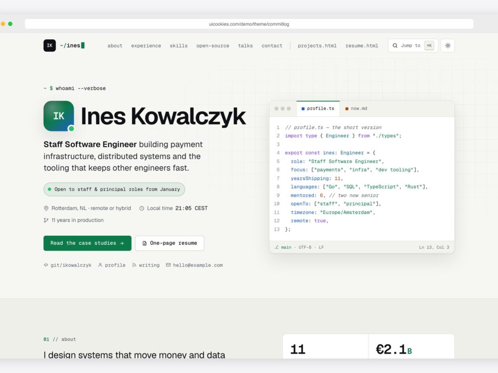 Commitlog — Free Developer Resume Website Template preview