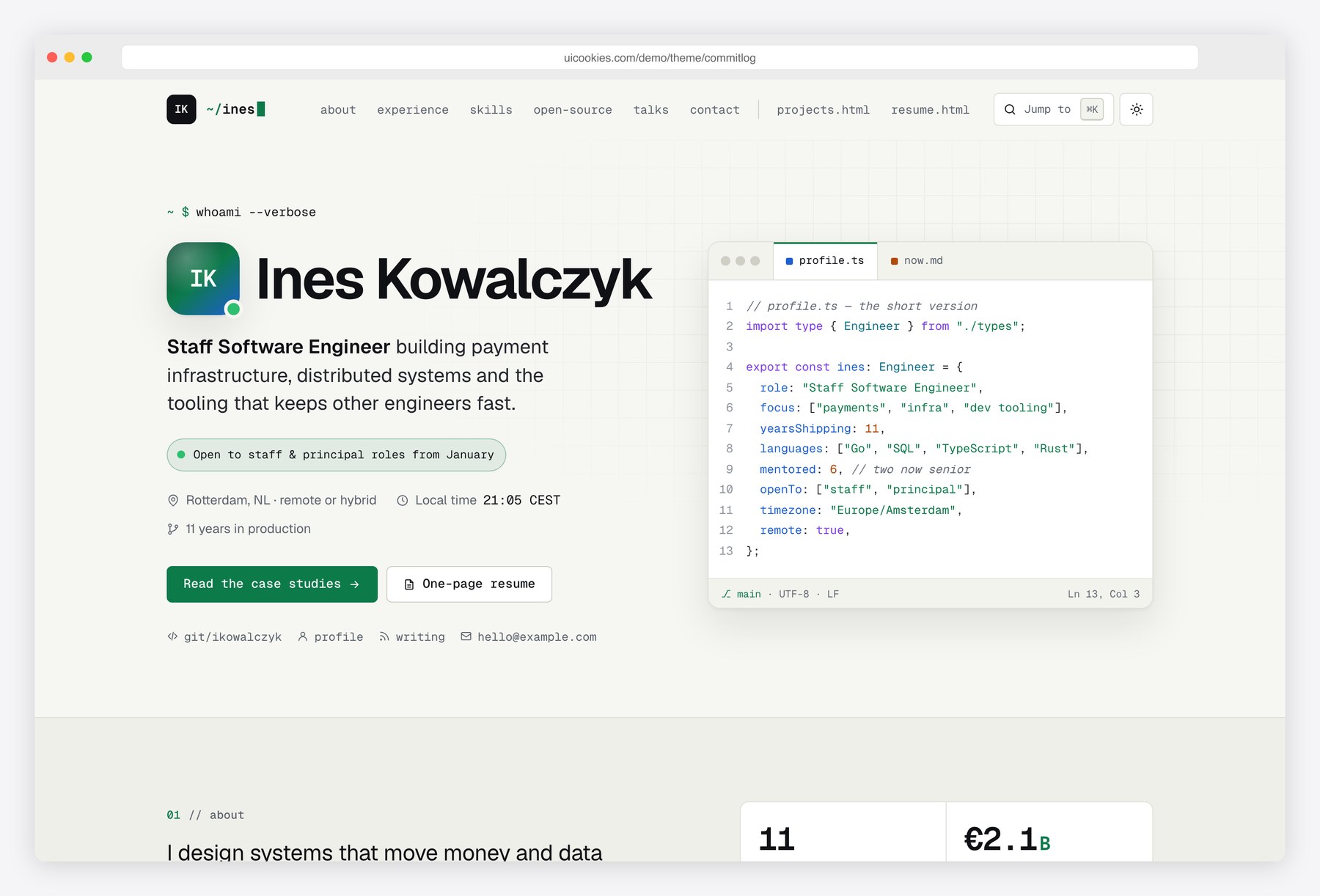 Commitlog — Free Developer Resume Website Template preview