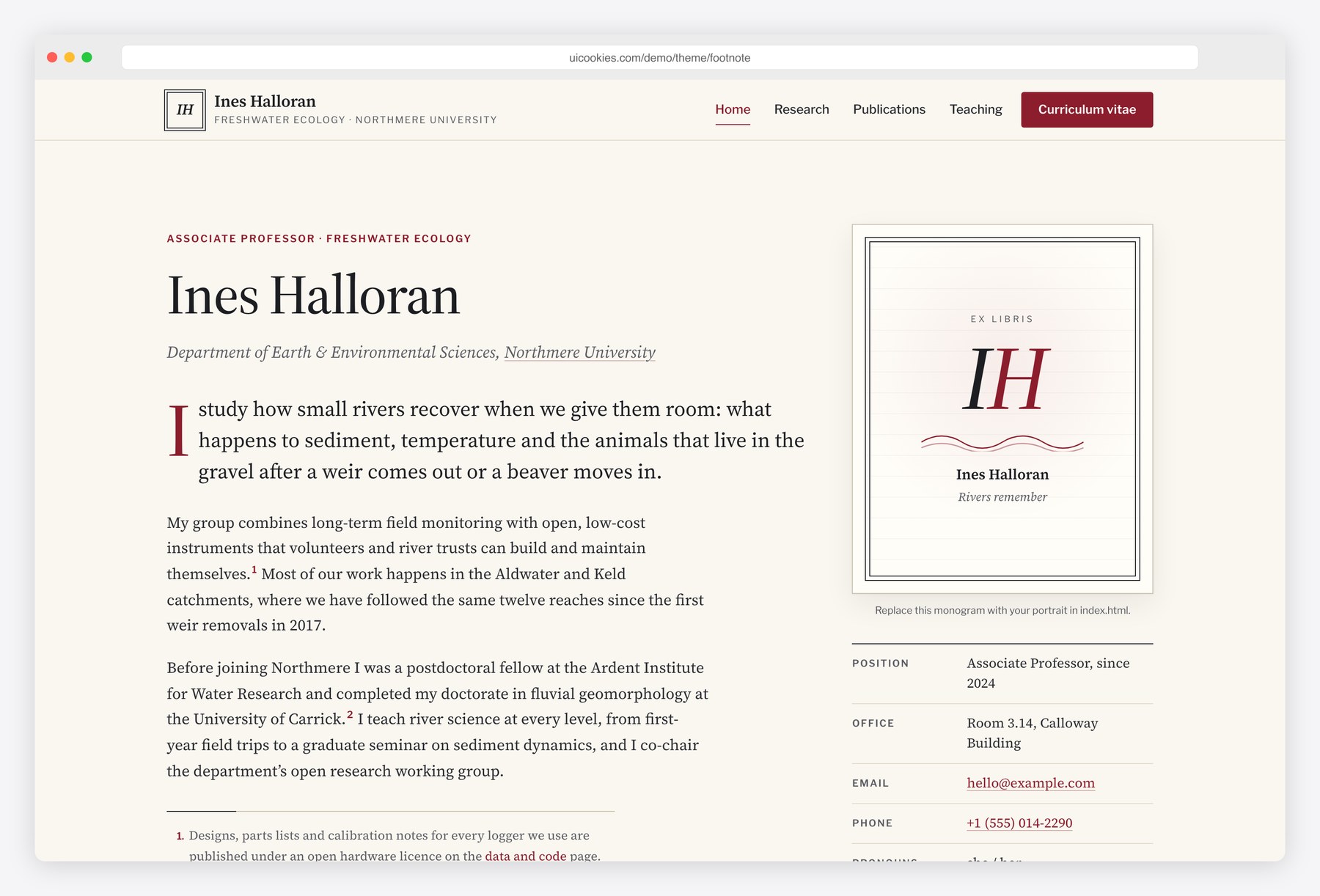 Footnote — Free Academic CV Website Template preview