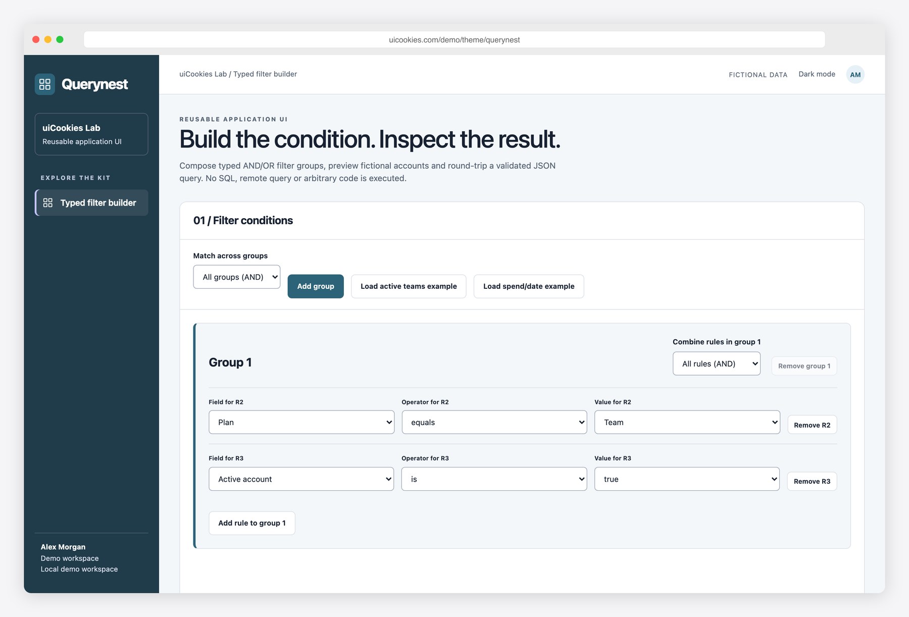 Querynest — Free Typed Filter Builder UI Kit preview