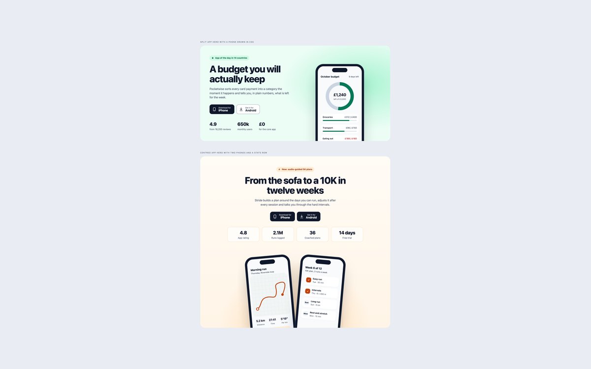 App Download Hero Sections — free hero section snippet in CSS, Bootstrap and Tailwind by uiCookies