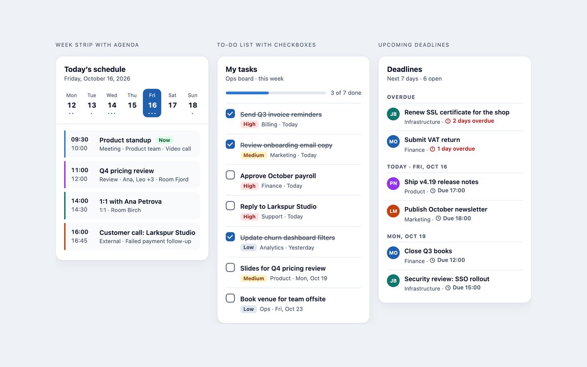 Calendar & To-Do Widgets — free dashboard widget snippet in CSS, Bootstrap and Tailwind by uiCookies
