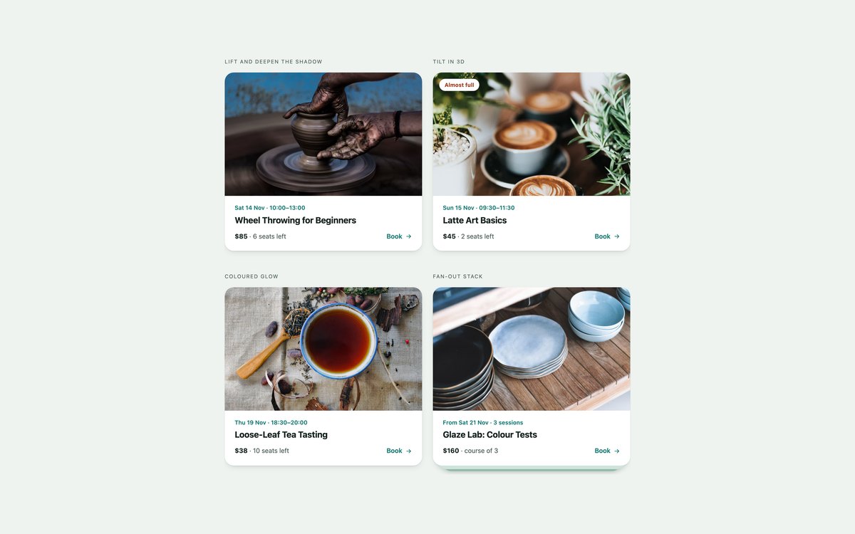 Card Lift, Tilt & Glow Hovers — free CSS hover effect snippet in CSS, Bootstrap and Tailwind by uiCookies