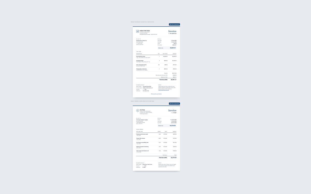 Classic Printable Invoices — free invoice snippet in CSS, Bootstrap and Tailwind by uiCookies