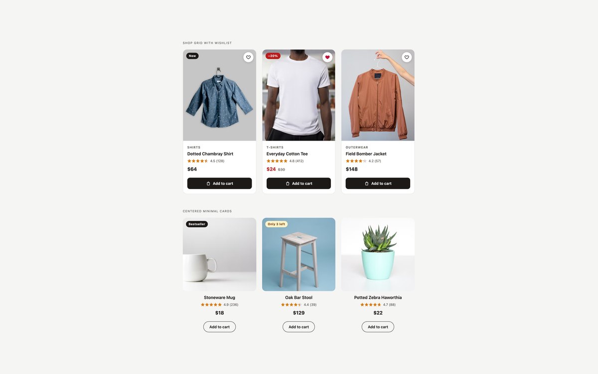 Classic Shop Product Cards — free product card snippet in CSS, Bootstrap and Tailwind by uiCookies