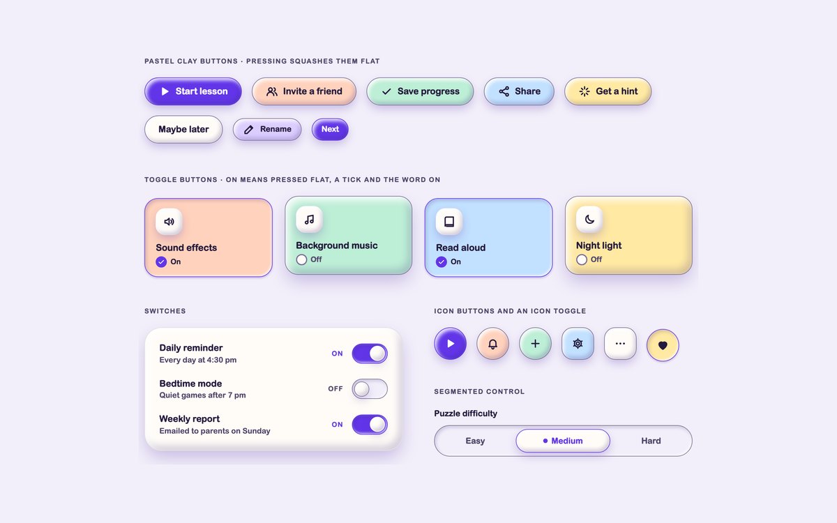 Claymorphism Buttons & Toggles — free claymorphism UI kit snippet in CSS, Bootstrap and Tailwind by uiCookies