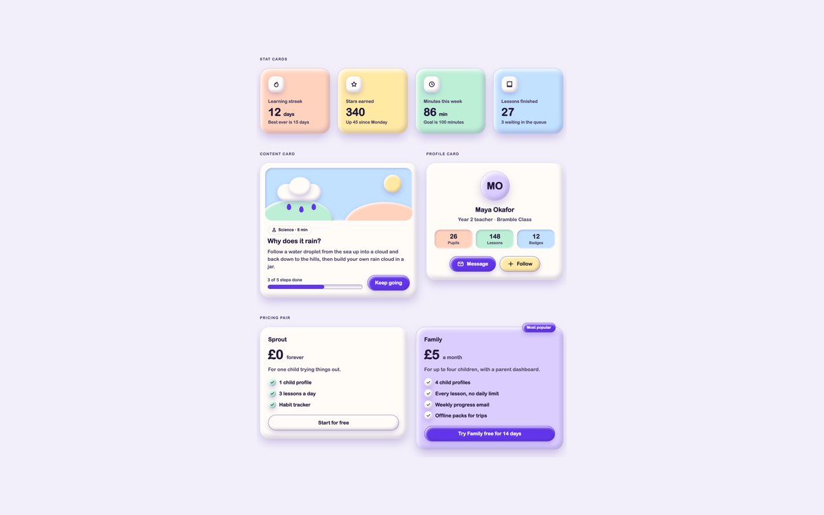 Claymorphism Cards — free claymorphism UI kit snippet in CSS, Bootstrap and Tailwind by uiCookies
