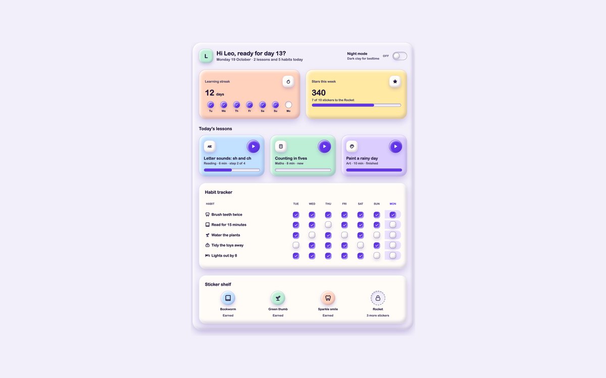 Claymorphism Kids Learning App — free claymorphism UI kit snippet in CSS, Bootstrap and Tailwind by uiCookies