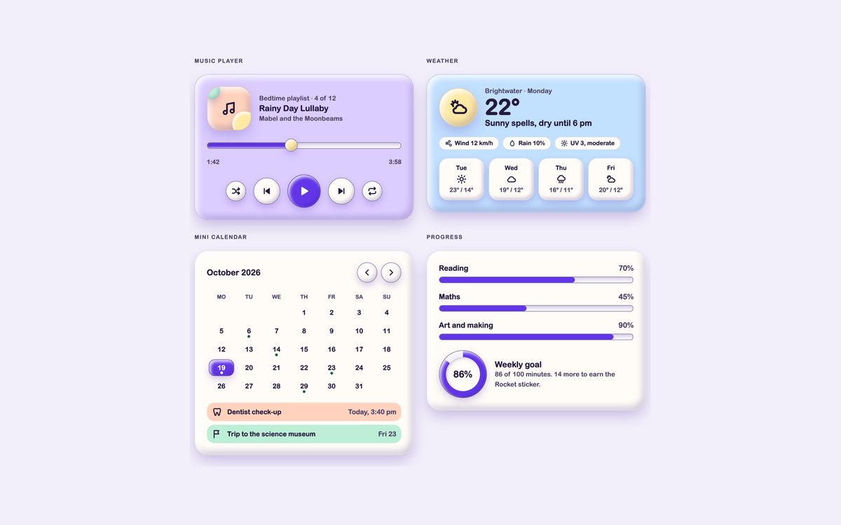 Claymorphism Media & Widgets — free claymorphism UI kit snippet in CSS, Bootstrap and Tailwind by uiCookies