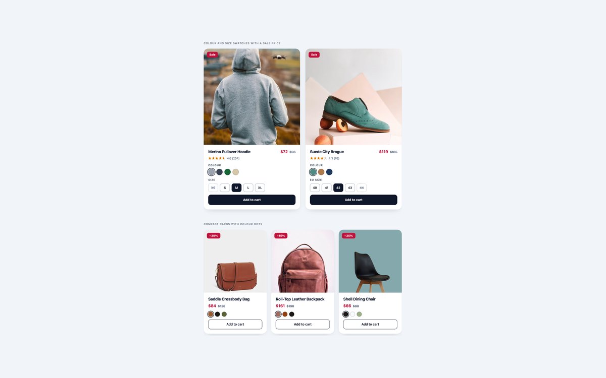 Colour and Size Swatch Cards — free product card snippet in CSS, Bootstrap and Tailwind by uiCookies