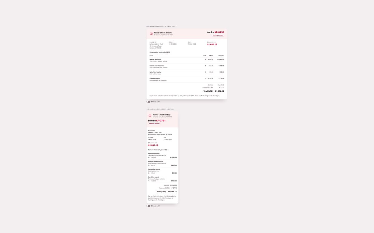Container Query Invoices — free invoice snippet in CSS, Bootstrap and Tailwind by uiCookies