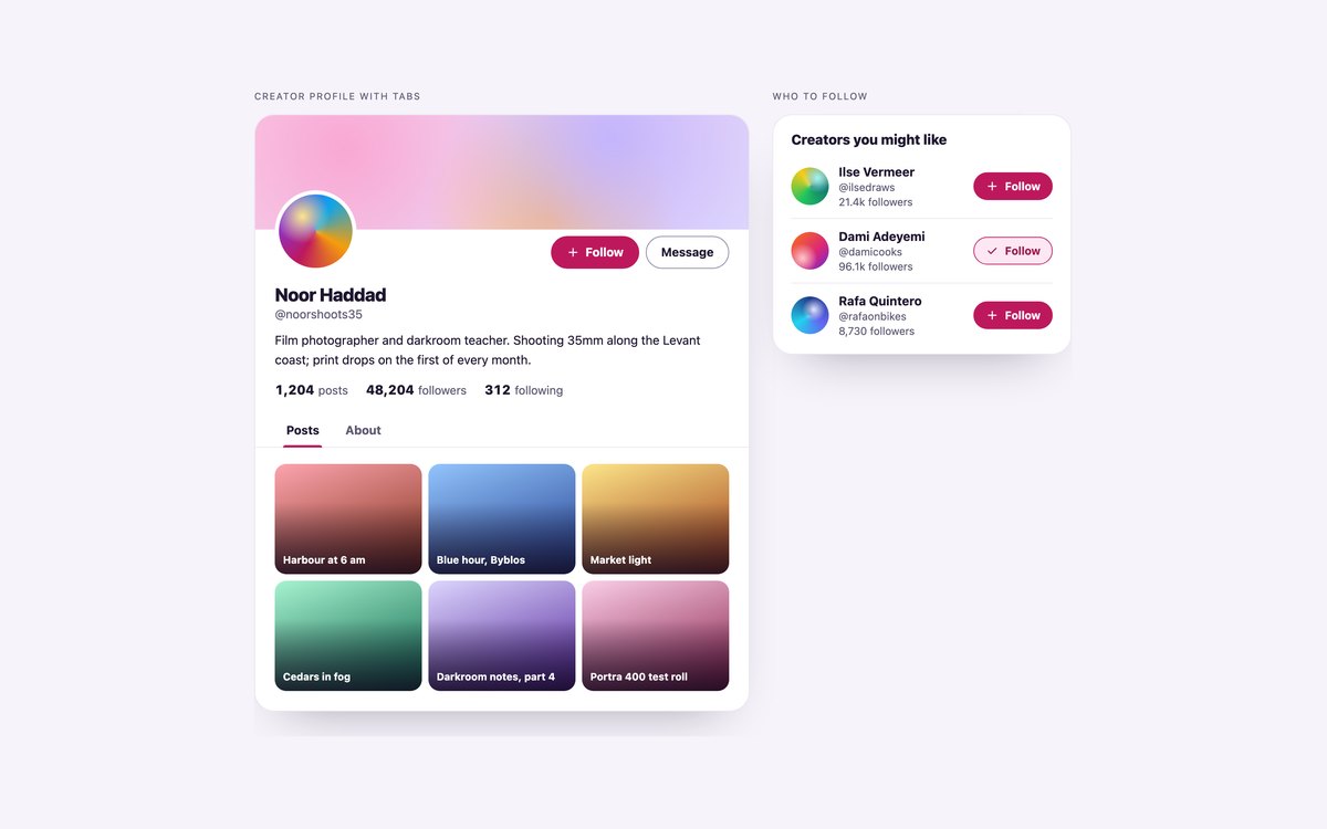 Creator Profile Cards — free profile card snippet in CSS, Bootstrap and Tailwind by uiCookies