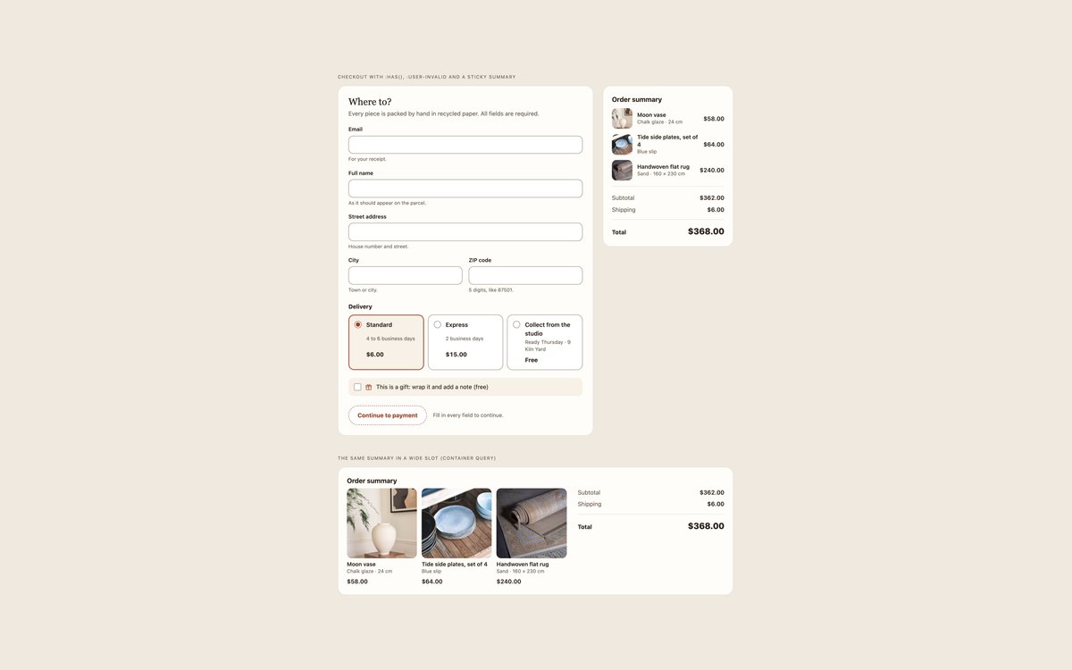 CSS-only Checkout with :has() — free shopping cart snippet in CSS, Bootstrap and Tailwind by uiCookies