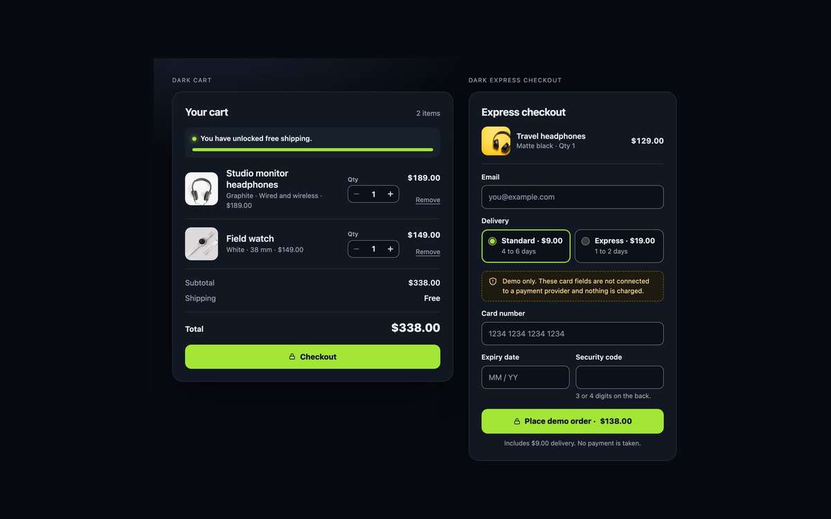 Dark Cart & Checkout — free shopping cart snippet in CSS, Bootstrap and Tailwind by uiCookies