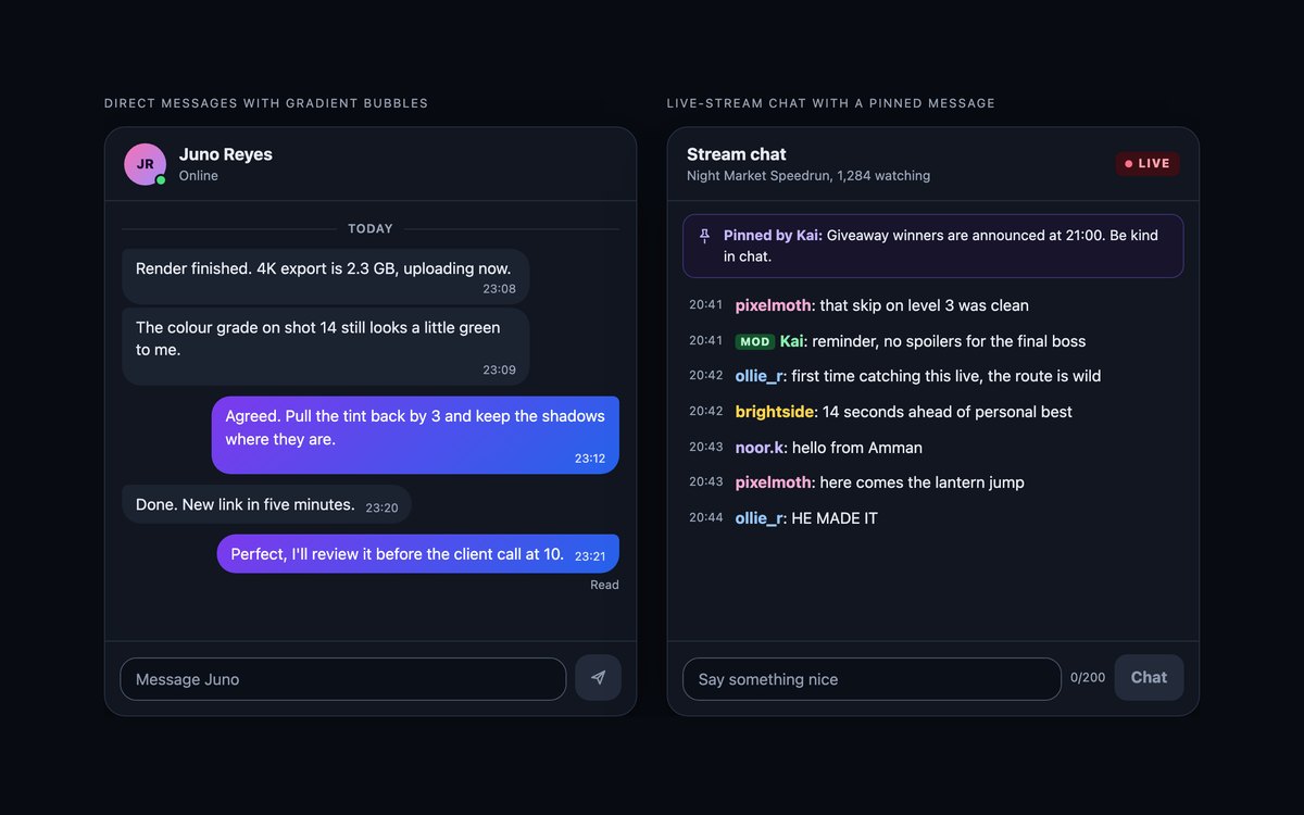 Dark Chat UI — free chat interface snippet in CSS, Bootstrap and Tailwind by uiCookies