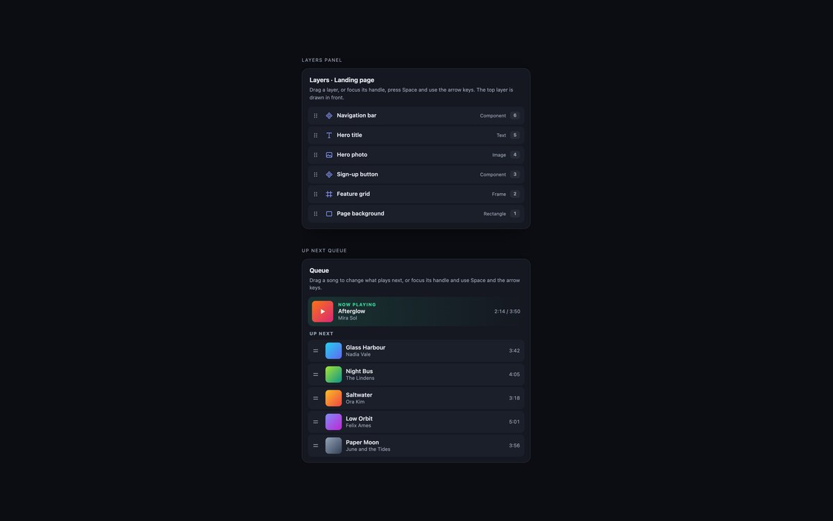 Dark Drag and Drop Lists — free drag and drop snippet in CSS, Bootstrap and Tailwind by uiCookies