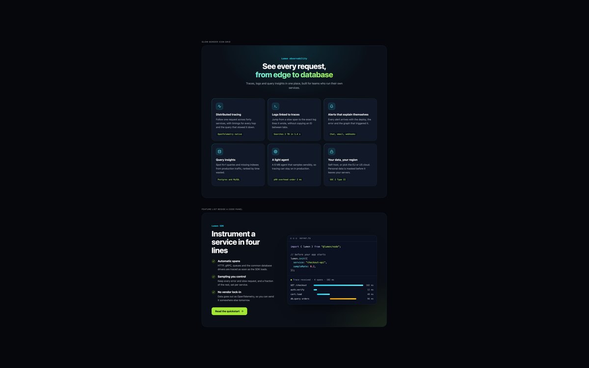 Dark Feature Sections — free feature section snippet in CSS, Bootstrap and Tailwind by uiCookies