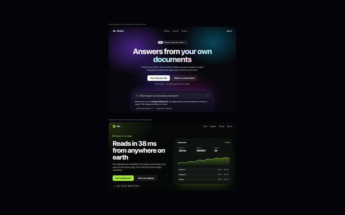 Dark Gradient Hero Sections — free hero section snippet in CSS, Bootstrap and Tailwind by uiCookies