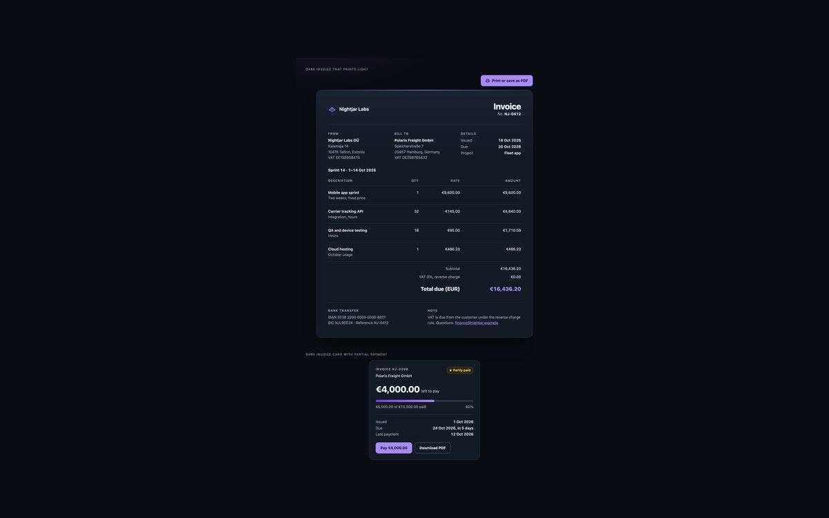 Dark Mode Invoices — free invoice snippet in CSS, Bootstrap and Tailwind by uiCookies