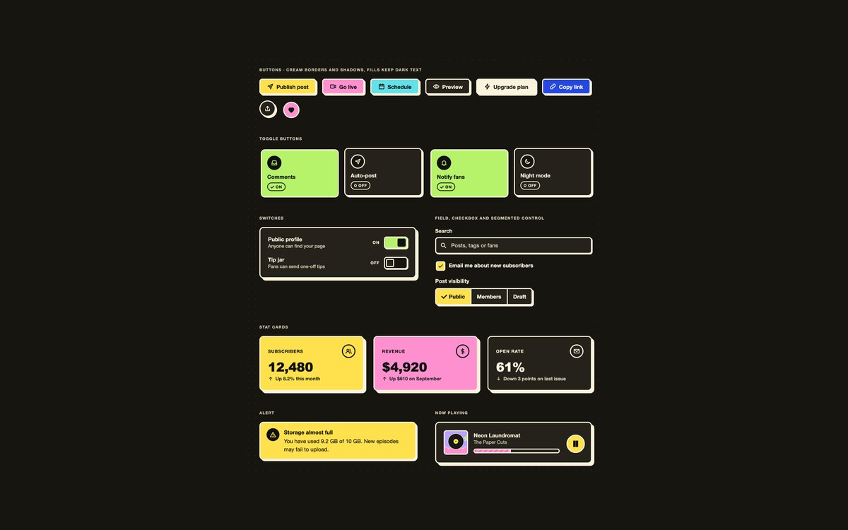 Dark Neobrutalism UI — free neobrutalism UI kit snippet in CSS, Bootstrap and Tailwind by uiCookies