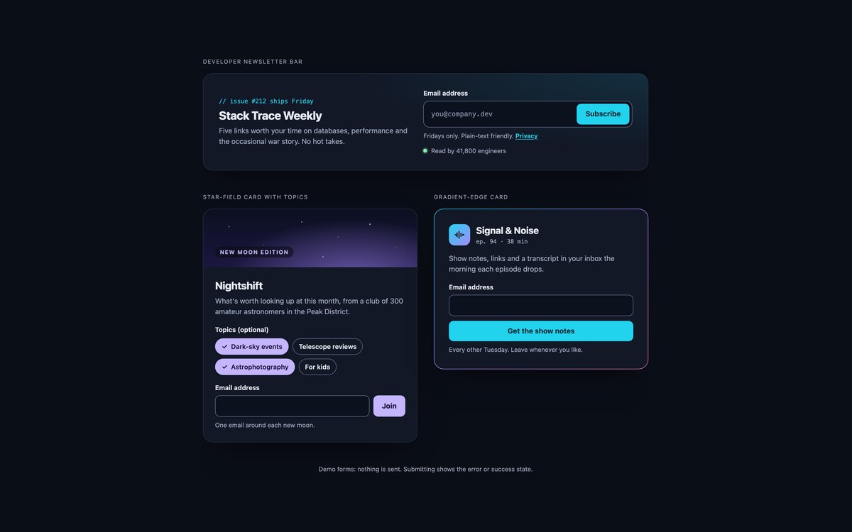 Dark Newsletter Signup Forms — free newsletter signup form snippet in CSS, Bootstrap and Tailwind by uiCookies