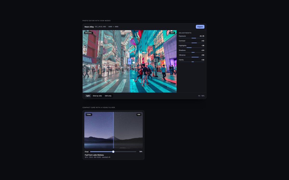Dark Photo Editor Comparison — free image comparison slider snippet in CSS, Bootstrap and Tailwind by uiCookies